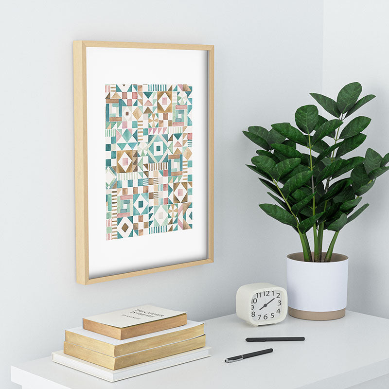 Ninola Design Charming Nostalgia Geometric Tiles Patchwork Aqua Pink Gold Recessed Framing Rectangle