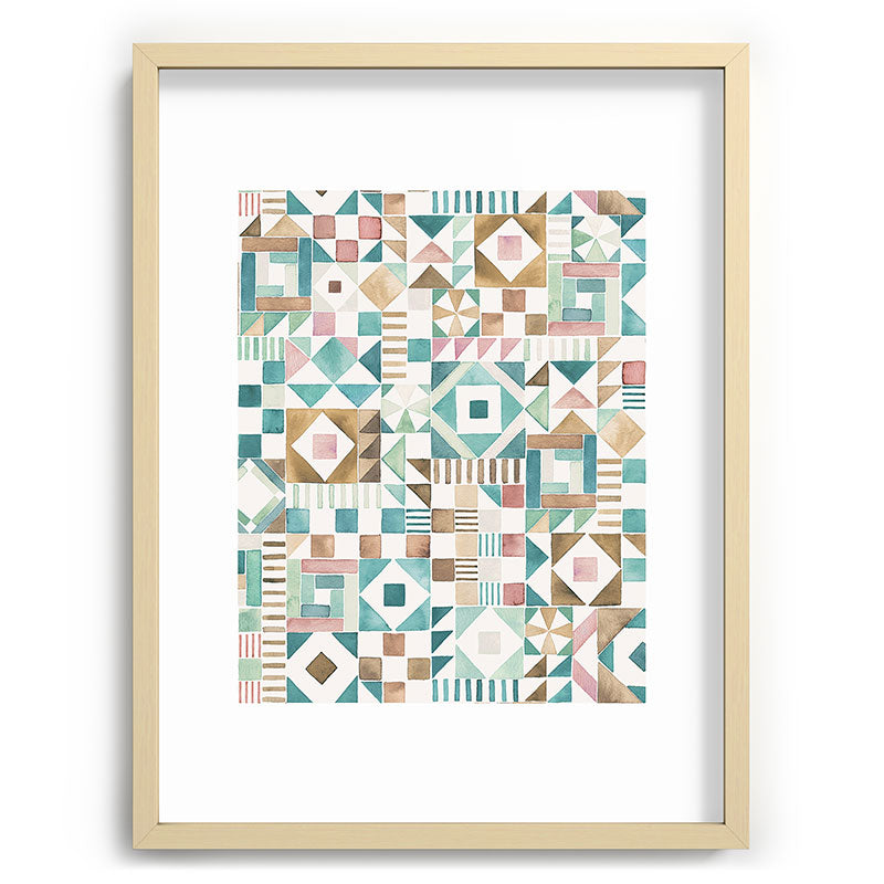 Ninola Design Charming Nostalgia Geometric Tiles Patchwork Aqua Pink Gold Recessed Framing Rectangle