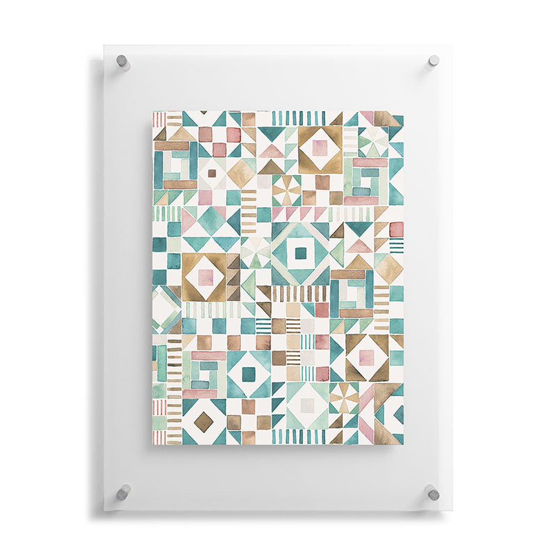Ninola Design Charming Nostalgia Geometric Tiles Patchwork Aqua Pink Gold Floating Acrylic Print