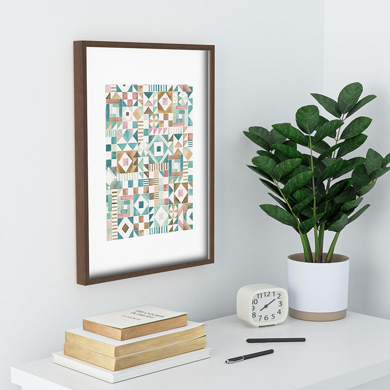 Ninola Design Charming Nostalgia Geometric Tiles Patchwork Aqua Pink Gold Recessed Framing Rectangle