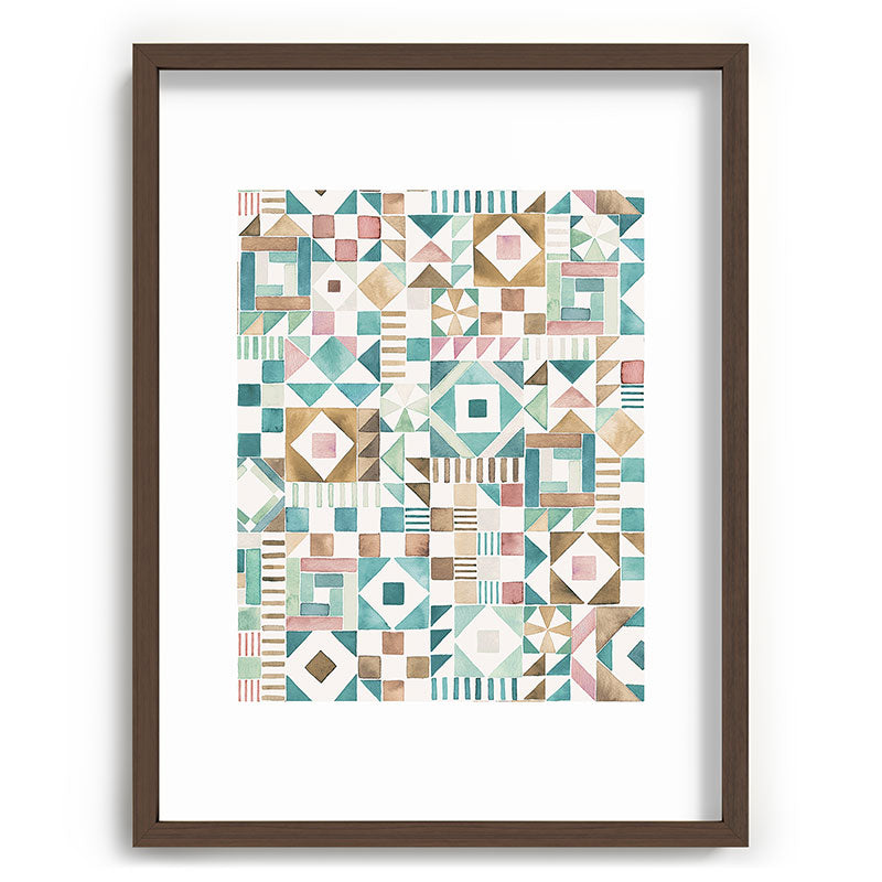 Ninola Design Charming Nostalgia Geometric Tiles Patchwork Aqua Pink Gold Recessed Framing Rectangle