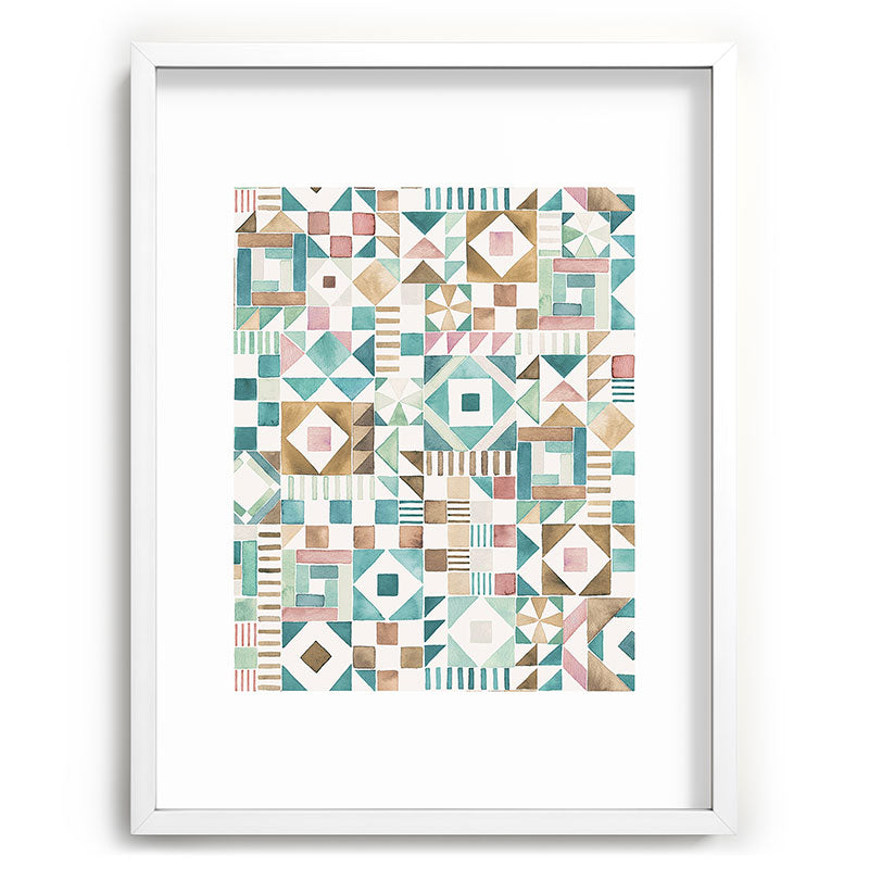 Ninola Design Charming Nostalgia Geometric Tiles Patchwork Aqua Pink Gold Recessed Framing Rectangle