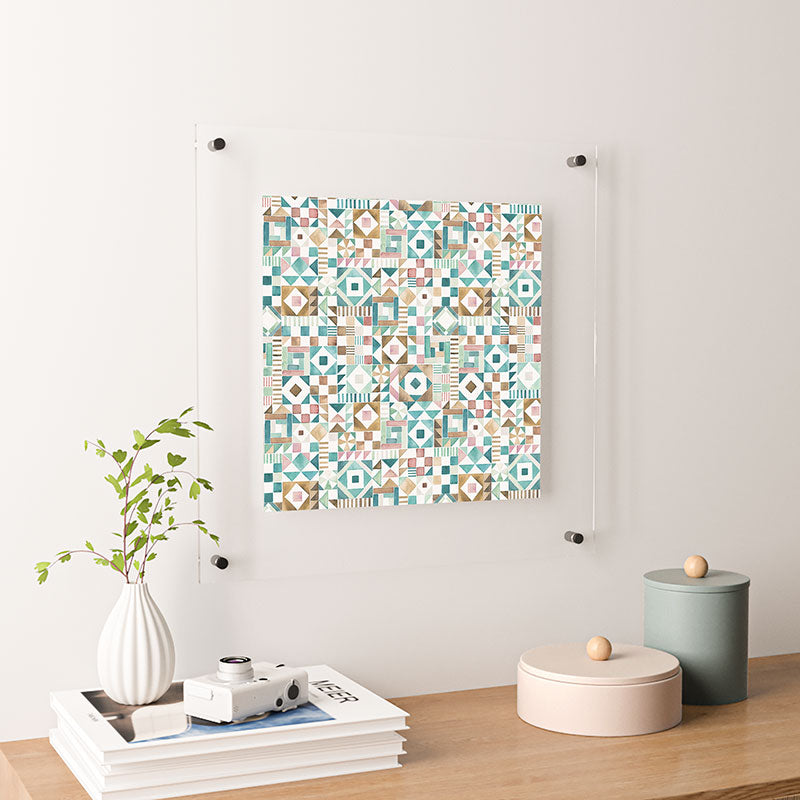 Ninola Design Charming Nostalgia Geometric Tiles Patchwork Aqua Pink Gold Floating Acrylic Print