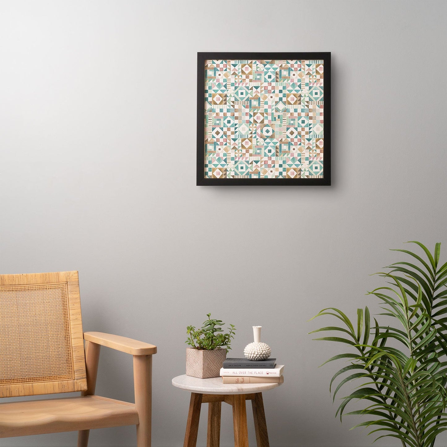 Ninola Design Charming Nostalgia Geometric Tiles Patchwork Aqua Pink Gold Framed Wall Art