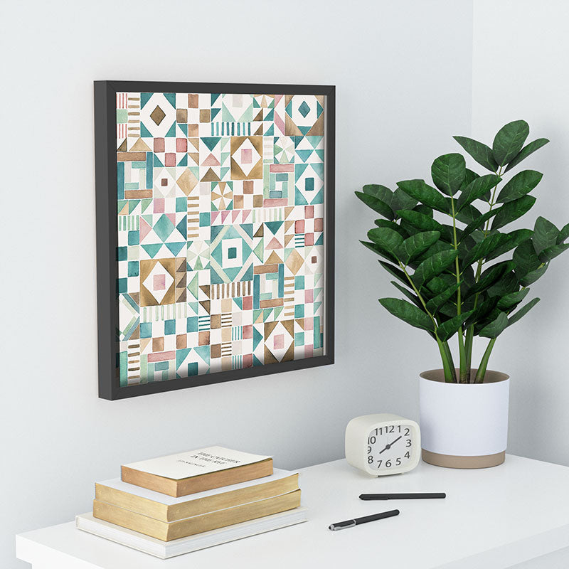 Ninola Design Charming Nostalgia Geometric Tiles Patchwork Aqua Pink Gold Recessed Framing Square