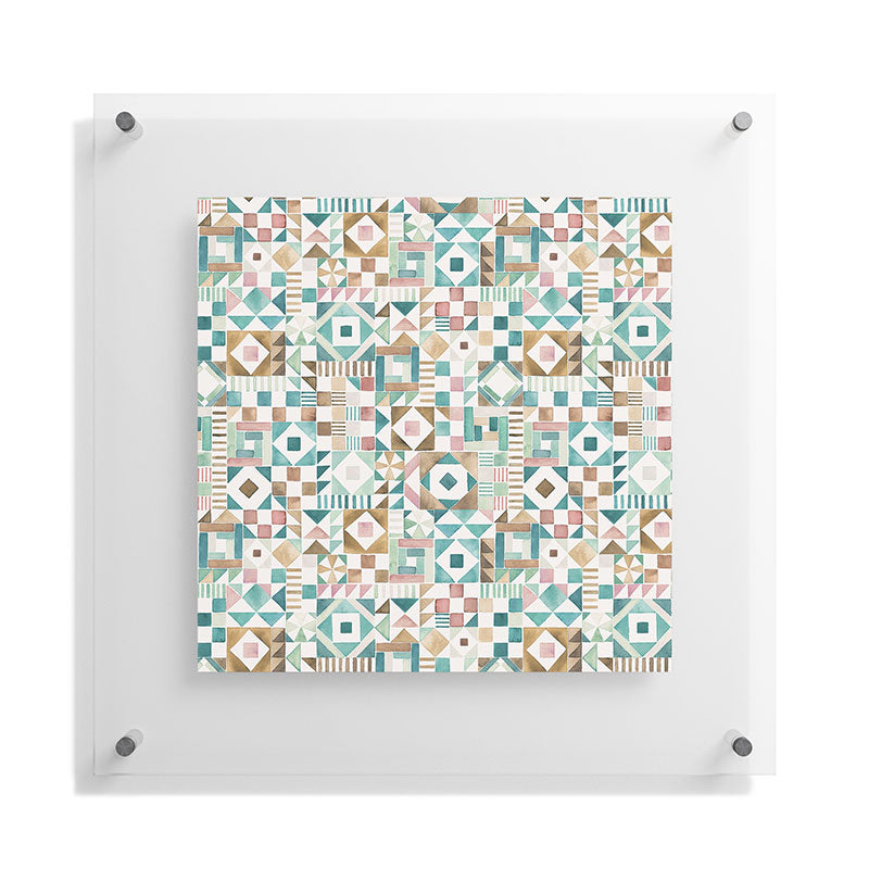 Ninola Design Charming Nostalgia Geometric Tiles Patchwork Aqua Pink Gold Floating Acrylic Print