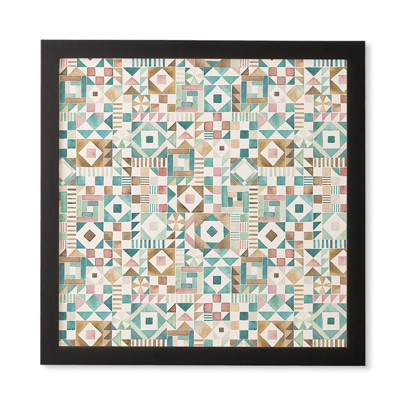 Ninola Design Charming Nostalgia Geometric Tiles Patchwork Aqua Pink Gold Framed Wall Art