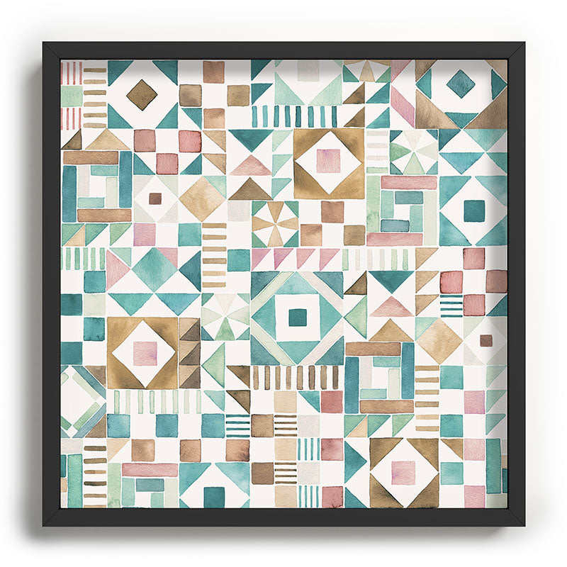 Ninola Design Charming Nostalgia Geometric Tiles Patchwork Aqua Pink Gold Recessed Framing Square