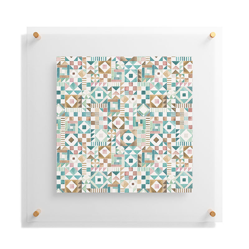 Ninola Design Charming Nostalgia Geometric Tiles Patchwork Aqua Pink Gold Floating Acrylic Print