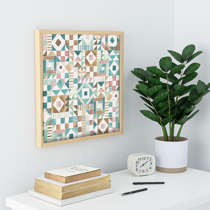 Ninola Design Charming Nostalgia Geometric Tiles Patchwork Aqua Pink Gold Recessed Framing Square