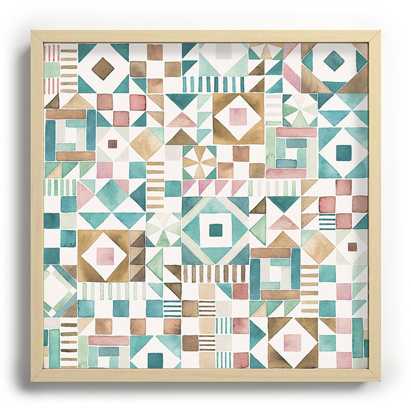 Ninola Design Charming Nostalgia Geometric Tiles Patchwork Aqua Pink Gold Recessed Framing Square