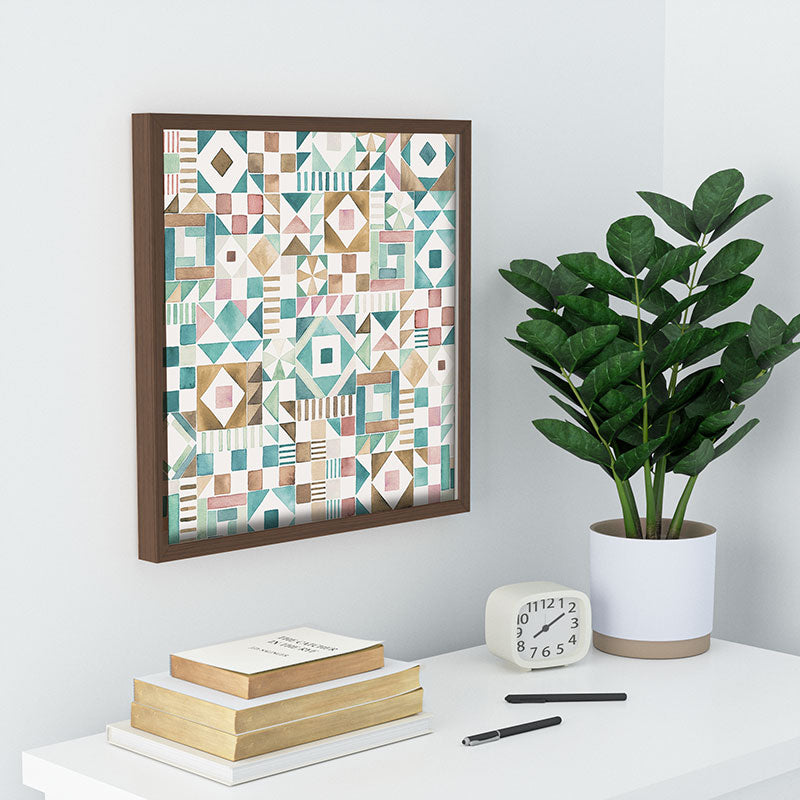 Ninola Design Charming Nostalgia Geometric Tiles Patchwork Aqua Pink Gold Recessed Framing Square