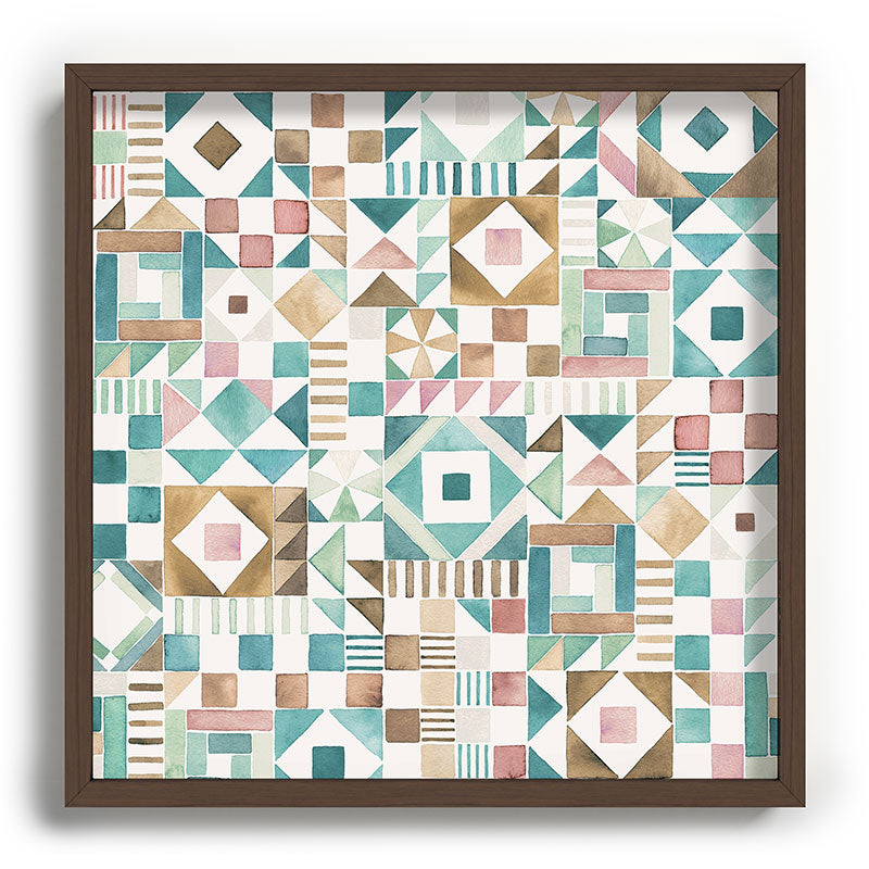 Ninola Design Charming Nostalgia Geometric Tiles Patchwork Aqua Pink Gold Recessed Framing Square