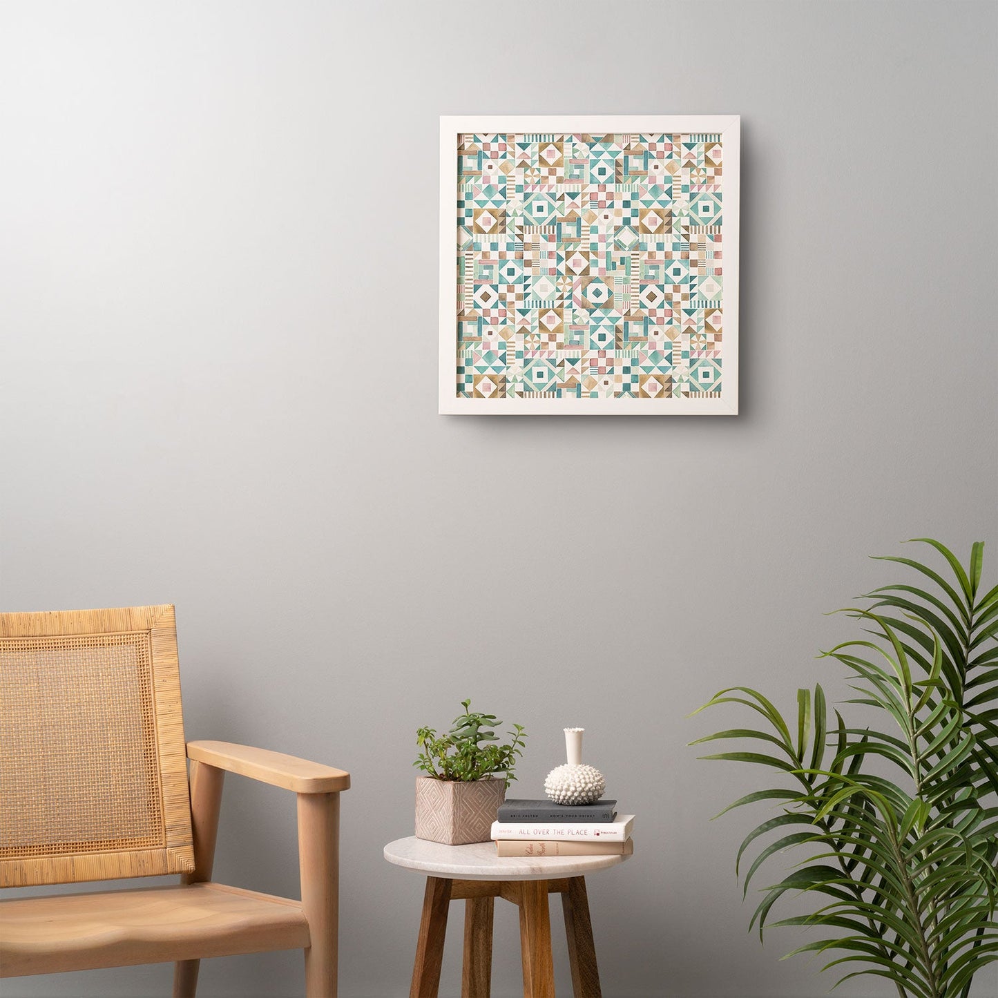 Ninola Design Charming Nostalgia Geometric Tiles Patchwork Aqua Pink Gold Framed Wall Art