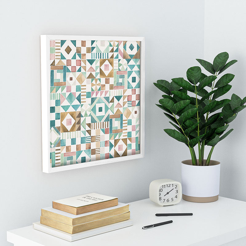Ninola Design Charming Nostalgia Geometric Tiles Patchwork Aqua Pink Gold Recessed Framing Square