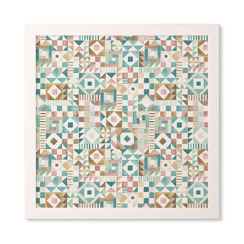 Ninola Design Charming Nostalgia Geometric Tiles Patchwork Aqua Pink Gold Framed Wall Art