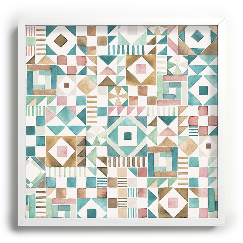 Ninola Design Charming Nostalgia Geometric Tiles Patchwork Aqua Pink Gold Recessed Framing Square