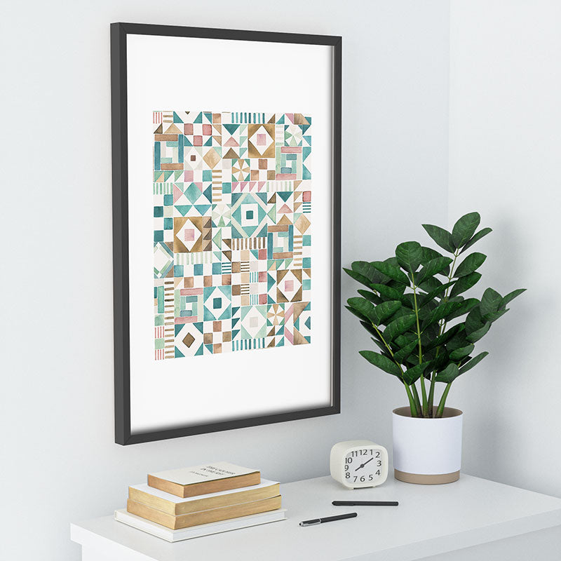 Ninola Design Charming Nostalgia Geometric Tiles Patchwork Aqua Pink Gold Recessed Framing Rectangle