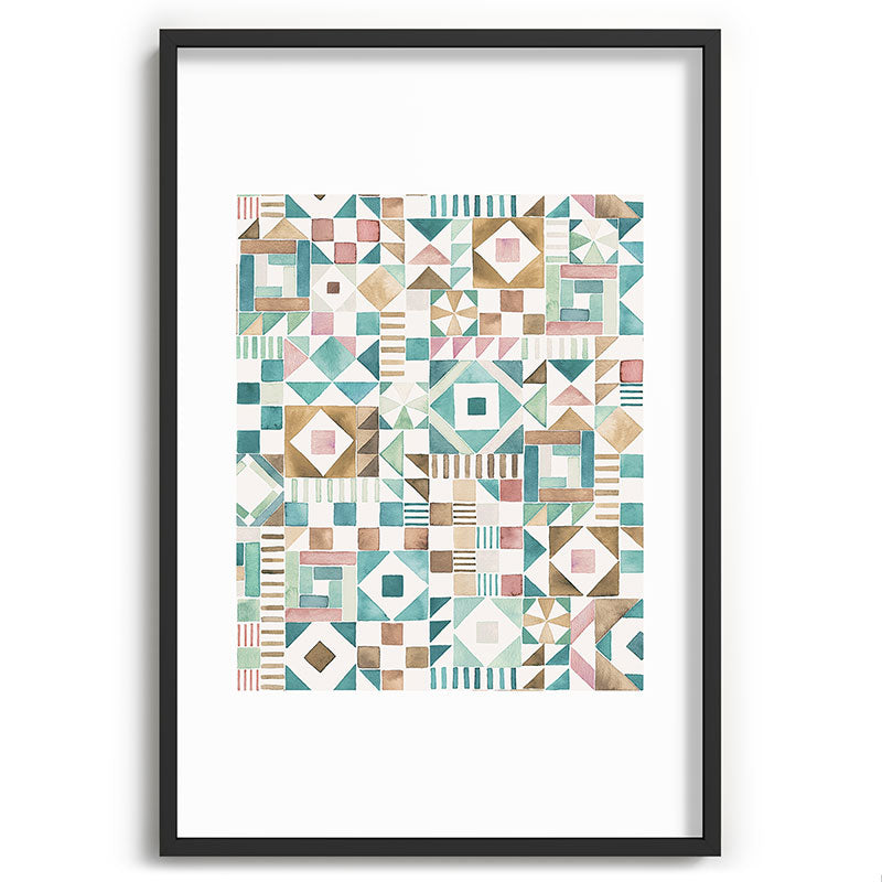 Ninola Design Charming Nostalgia Geometric Tiles Patchwork Aqua Pink Gold Recessed Framing Rectangle