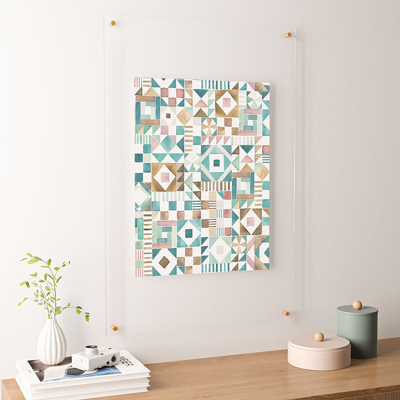 Ninola Design Charming Nostalgia Geometric Tiles Patchwork Aqua Pink Gold Floating Acrylic Print