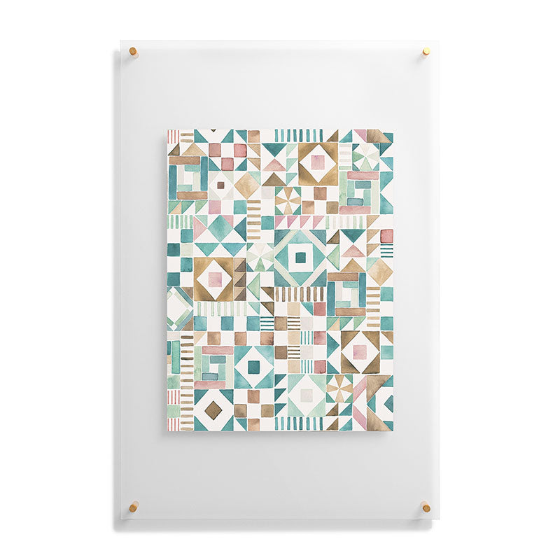 Ninola Design Charming Nostalgia Geometric Tiles Patchwork Aqua Pink Gold Floating Acrylic Print