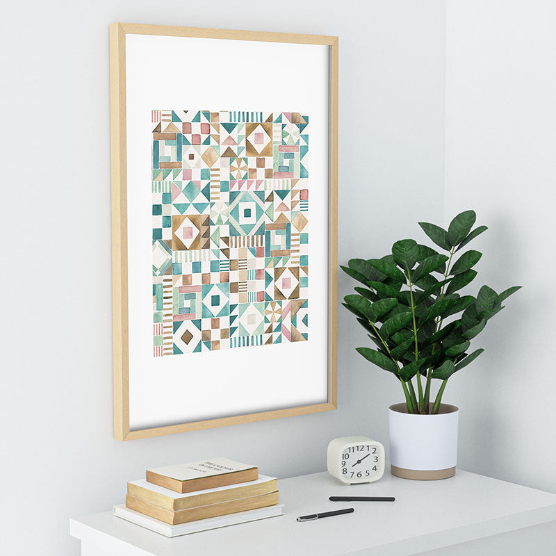 Ninola Design Charming Nostalgia Geometric Tiles Patchwork Aqua Pink Gold Recessed Framing Rectangle