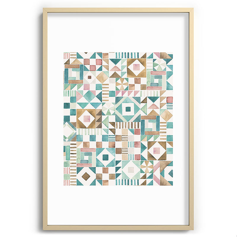 Ninola Design Charming Nostalgia Geometric Tiles Patchwork Aqua Pink Gold Recessed Framing Rectangle