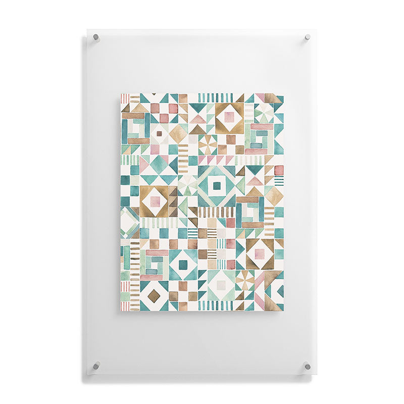 Ninola Design Charming Nostalgia Geometric Tiles Patchwork Aqua Pink Gold Floating Acrylic Print