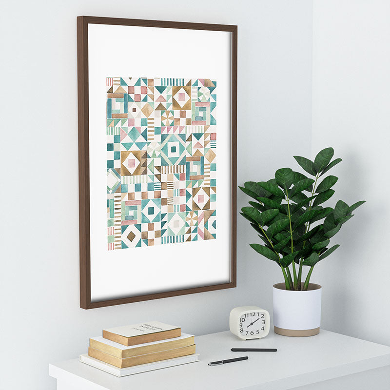 Ninola Design Charming Nostalgia Geometric Tiles Patchwork Aqua Pink Gold Recessed Framing Rectangle