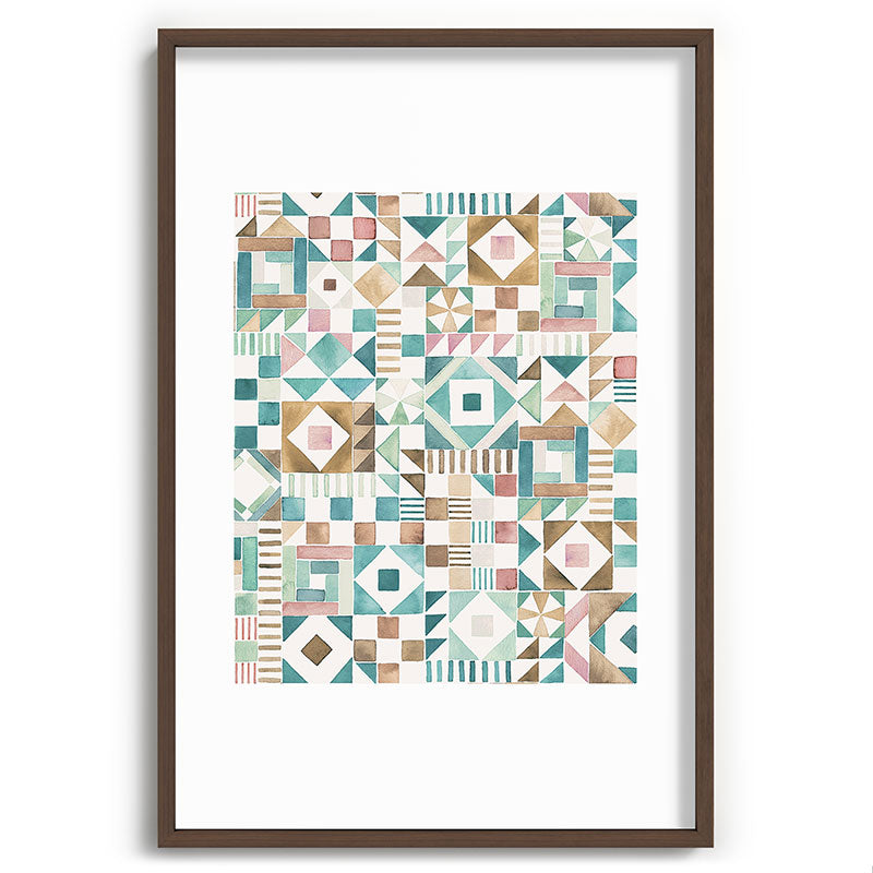 Ninola Design Charming Nostalgia Geometric Tiles Patchwork Aqua Pink Gold Recessed Framing Rectangle