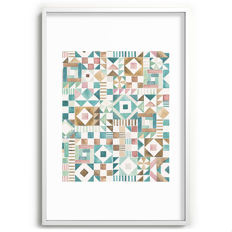 Ninola Design Charming Nostalgia Geometric Tiles Patchwork Aqua Pink Gold Recessed Framing Rectangle
