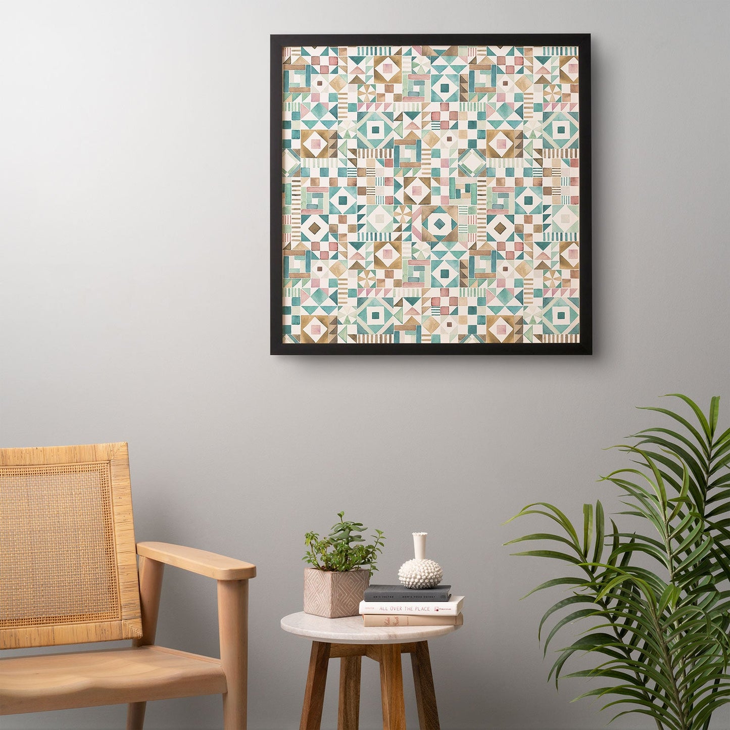 Ninola Design Charming Nostalgia Geometric Tiles Patchwork Aqua Pink Gold Framed Wall Art