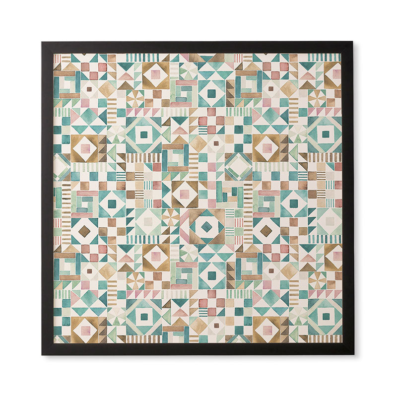 Ninola Design Charming Nostalgia Geometric Tiles Patchwork Aqua Pink Gold Framed Wall Art