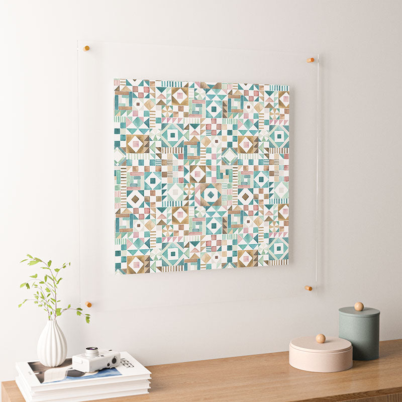 Ninola Design Charming Nostalgia Geometric Tiles Patchwork Aqua Pink Gold Floating Acrylic Print