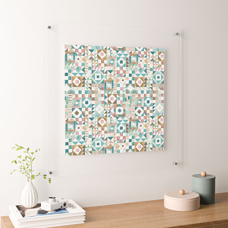 Ninola Design Charming Nostalgia Geometric Tiles Patchwork Aqua Pink Gold Floating Acrylic Print