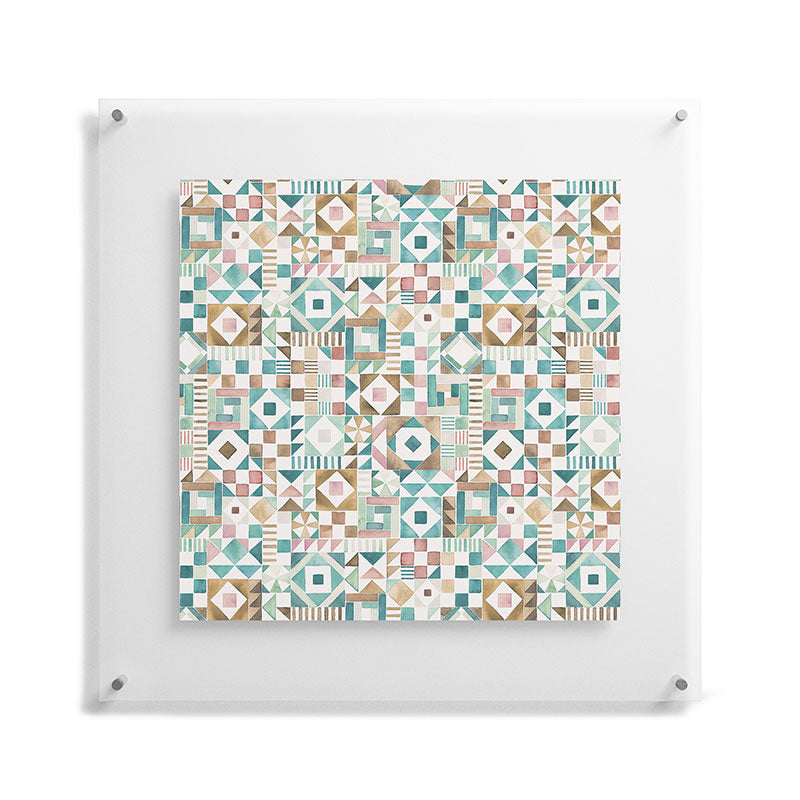 Ninola Design Charming Nostalgia Geometric Tiles Patchwork Aqua Pink Gold Floating Acrylic Print