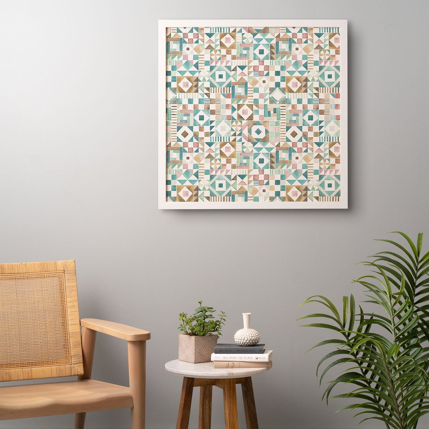 Ninola Design Charming Nostalgia Geometric Tiles Patchwork Aqua Pink Gold Framed Wall Art