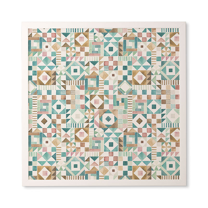 Ninola Design Charming Nostalgia Geometric Tiles Patchwork Aqua Pink Gold Framed Wall Art