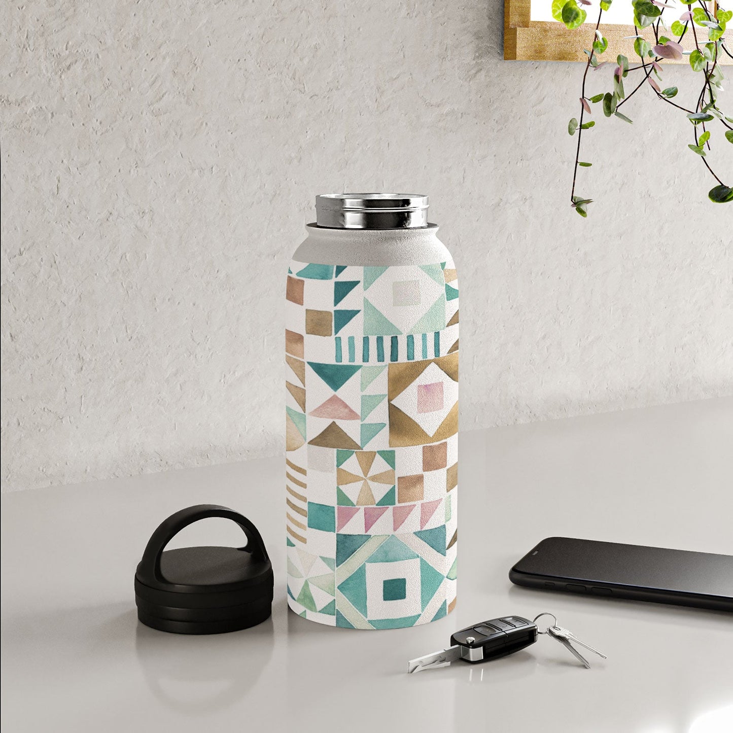 Ninola Design Charming Nostalgia Geometric Tiles Patchwork Aqua Pink Gold Water Bottle