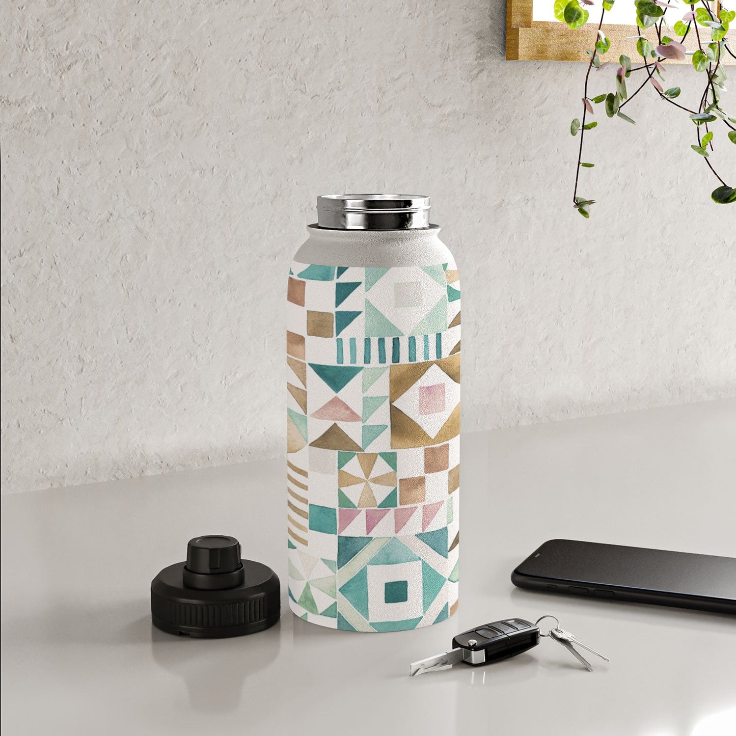 Ninola Design Charming Nostalgia Geometric Tiles Patchwork Aqua Pink Gold Water Bottle