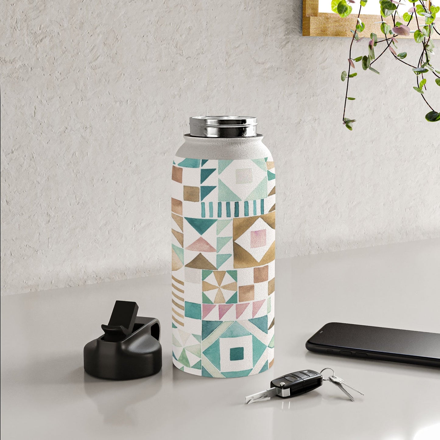 Ninola Design Charming Nostalgia Geometric Tiles Patchwork Aqua Pink Gold Water Bottle