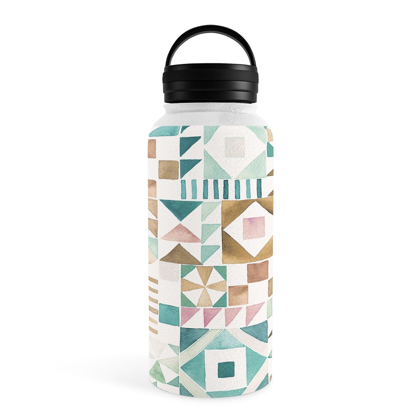Ninola Design Charming Nostalgia Geometric Tiles Patchwork Aqua Pink Gold Water Bottle