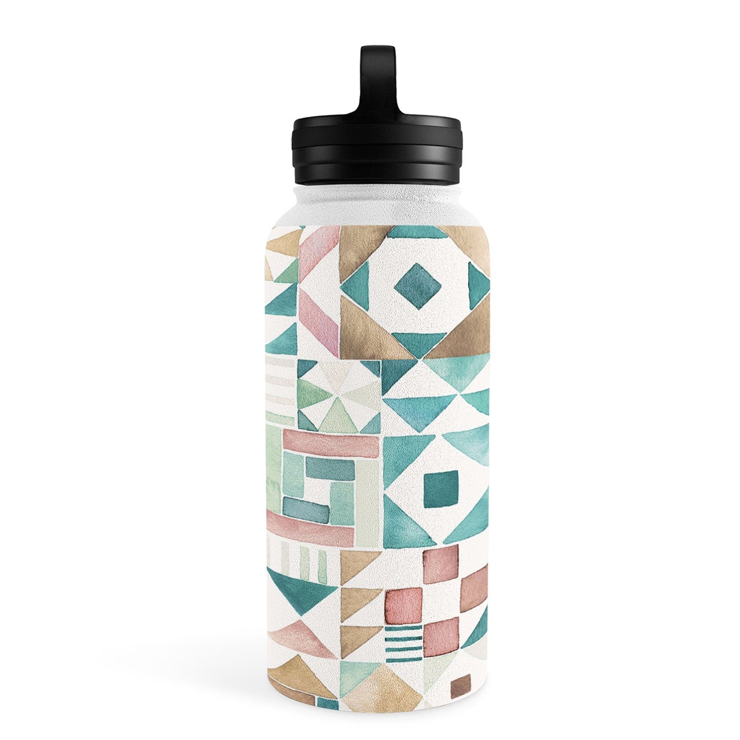 Ninola Design Charming Nostalgia Geometric Tiles Patchwork Aqua Pink Gold Water Bottle