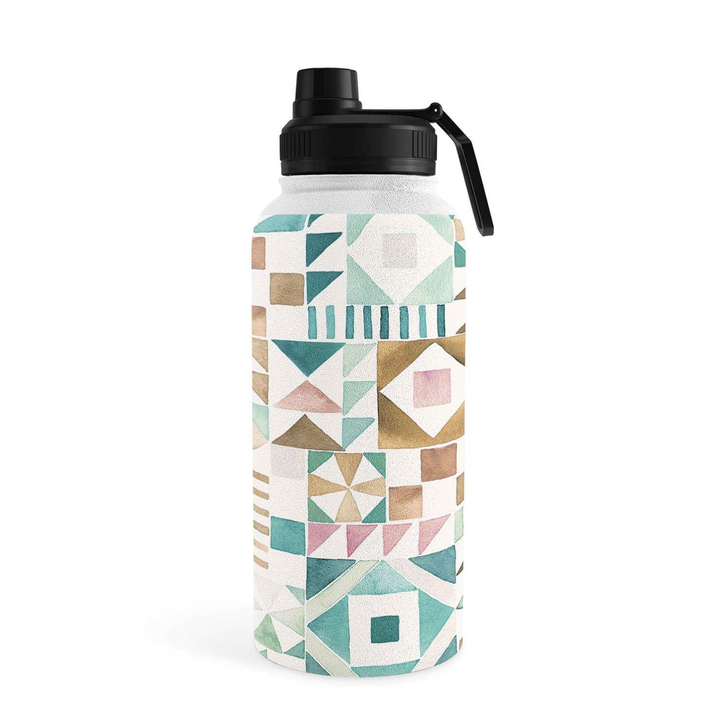 Ninola Design Charming Nostalgia Geometric Tiles Patchwork Aqua Pink Gold Water Bottle