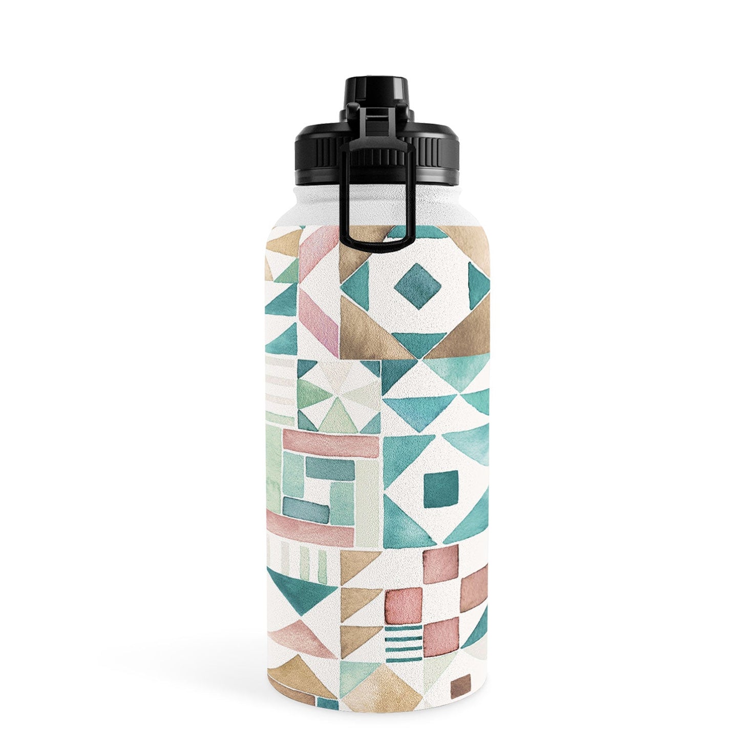 Ninola Design Charming Nostalgia Geometric Tiles Patchwork Aqua Pink Gold Water Bottle