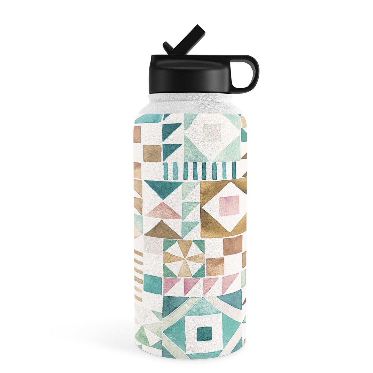 Ninola Design Charming Nostalgia Geometric Tiles Patchwork Aqua Pink Gold Water Bottle