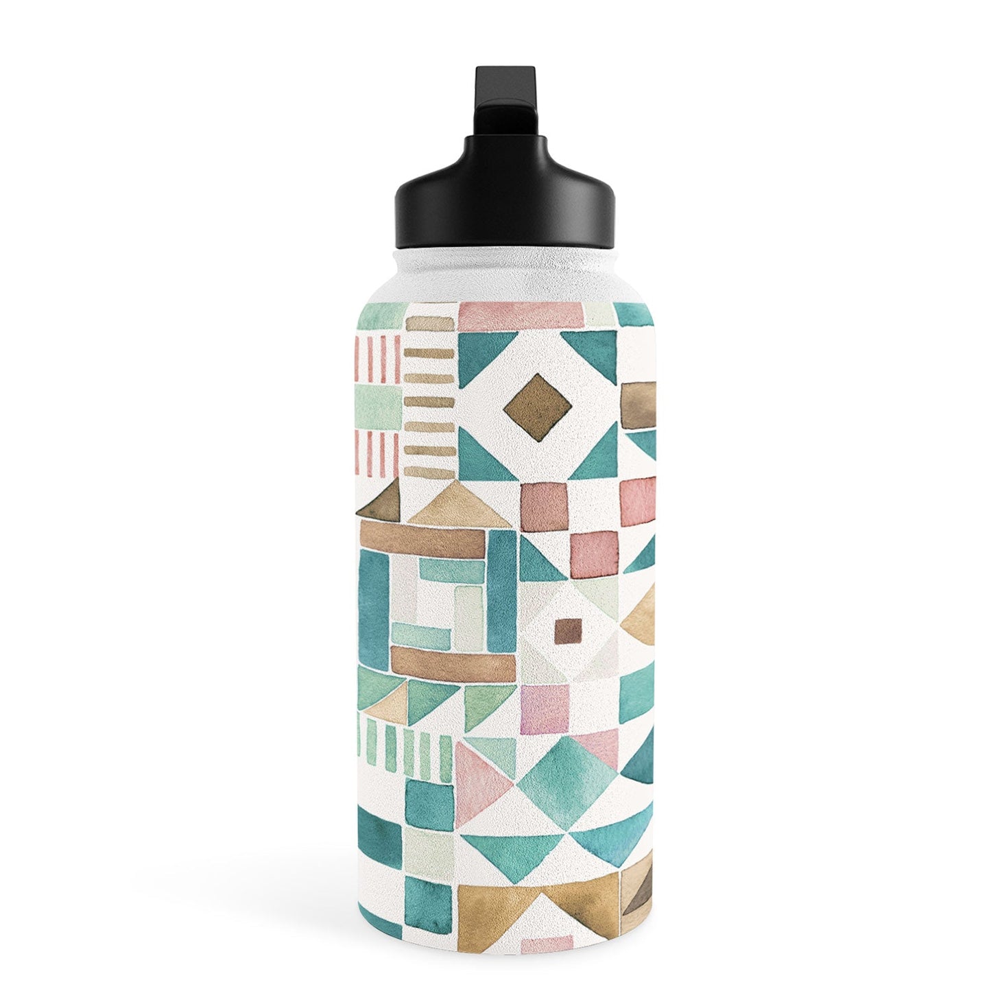 Ninola Design Charming Nostalgia Geometric Tiles Patchwork Aqua Pink Gold Water Bottle