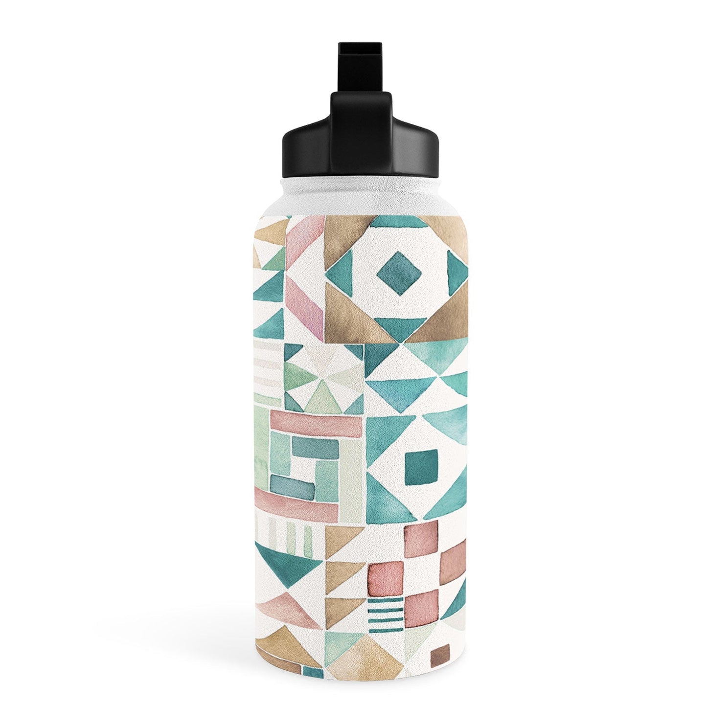 Ninola Design Charming Nostalgia Geometric Tiles Patchwork Aqua Pink Gold Water Bottle