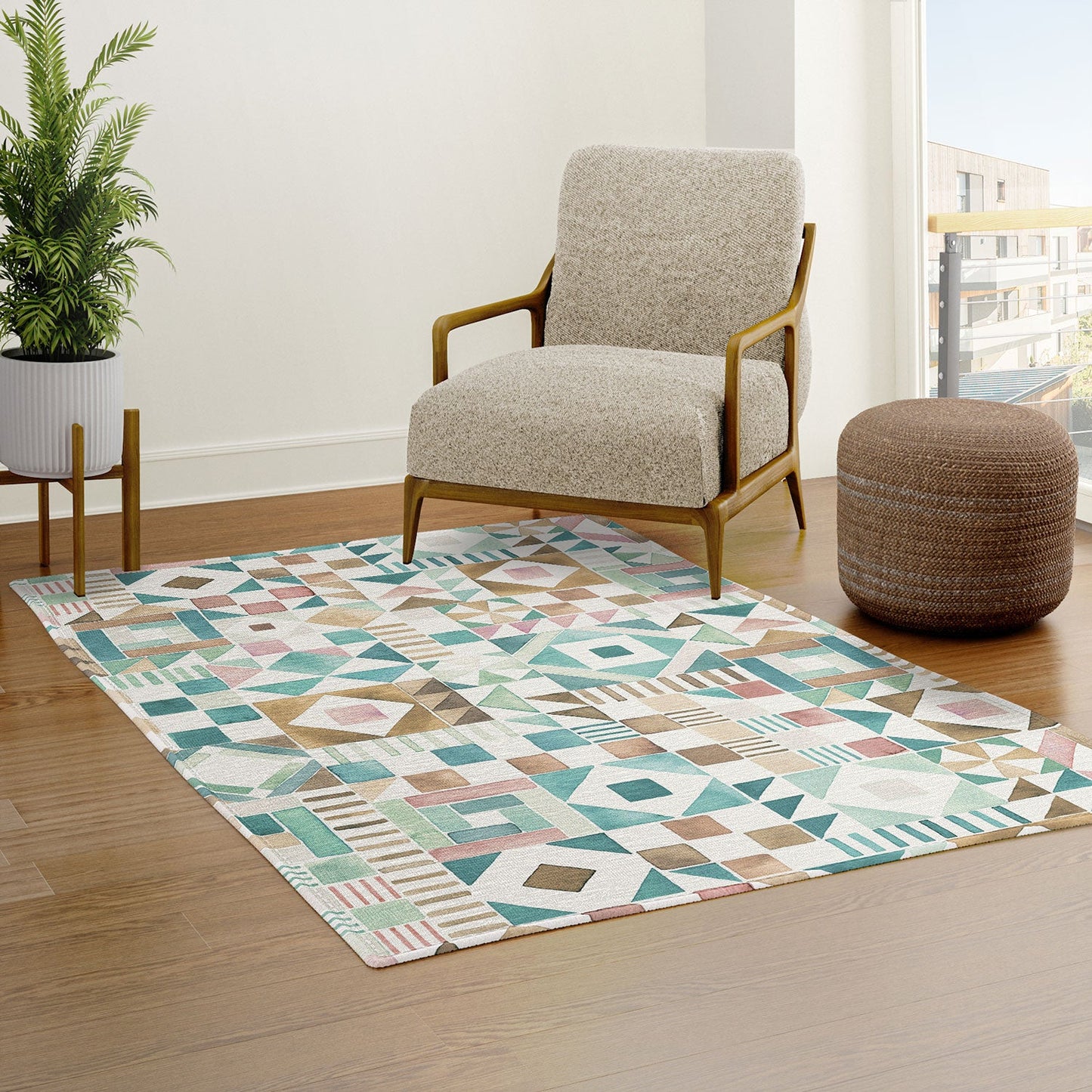 Ninola Design Charming Nostalgia Geometric Tiles Patchwork Aqua Pink Gold Area Rug