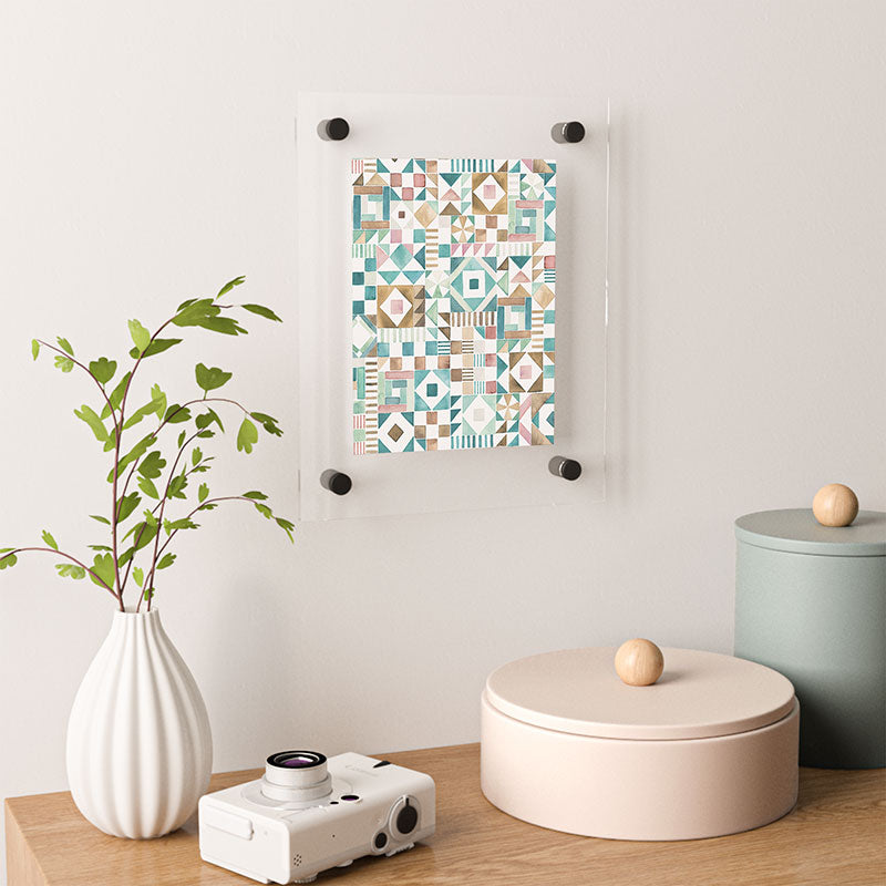 Ninola Design Charming Nostalgia Geometric Tiles Patchwork Aqua Pink Gold Floating Acrylic Print